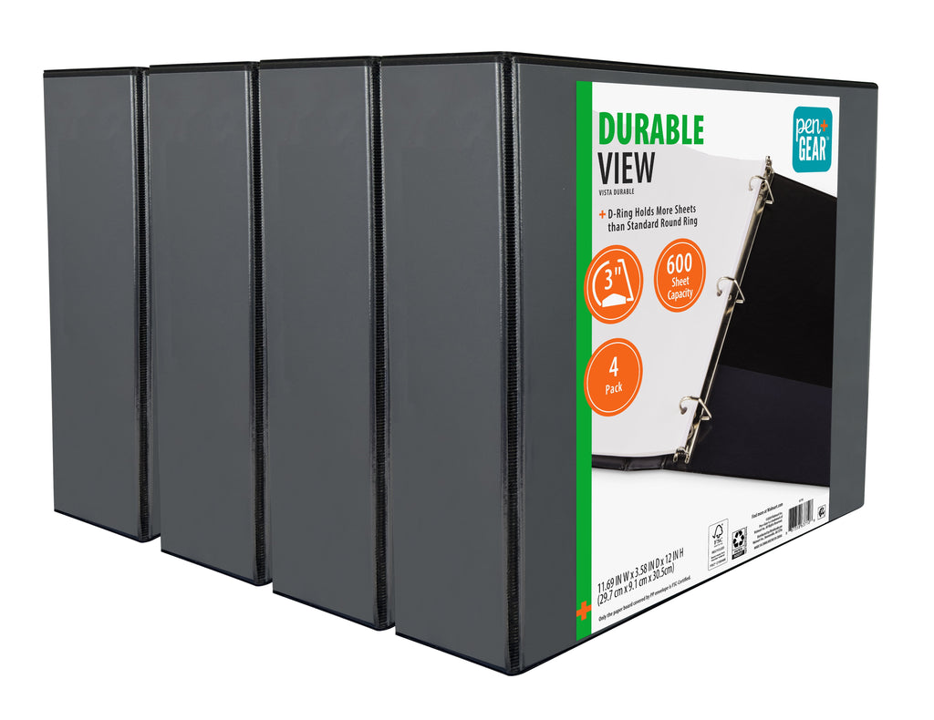 Pen+Gear 3-inch Durable View Binder, Black, 4 Pack