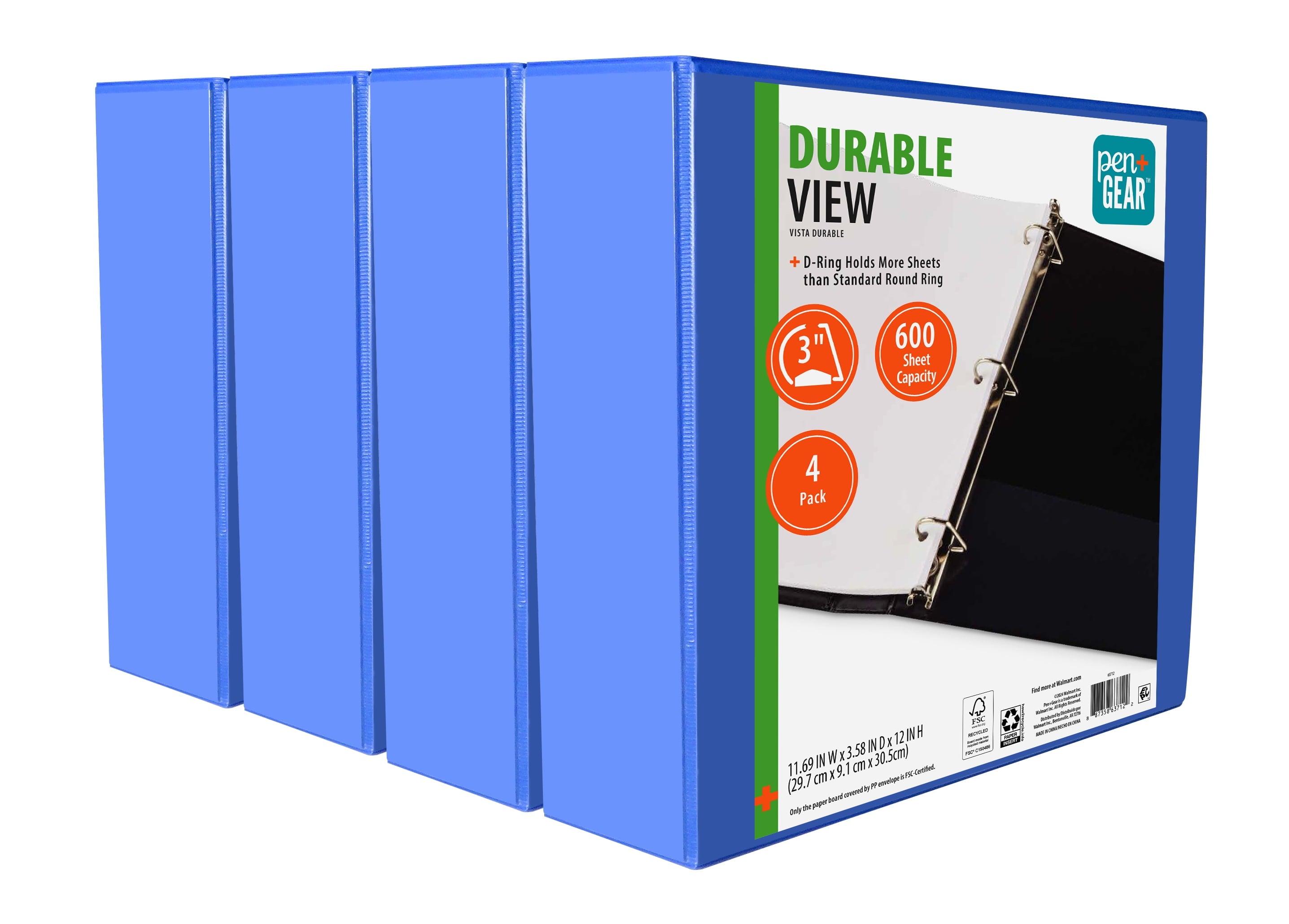 Pen + Gear Durable View 3-Ring Binder with 3-Inch Rings 4 Pack (Blue)