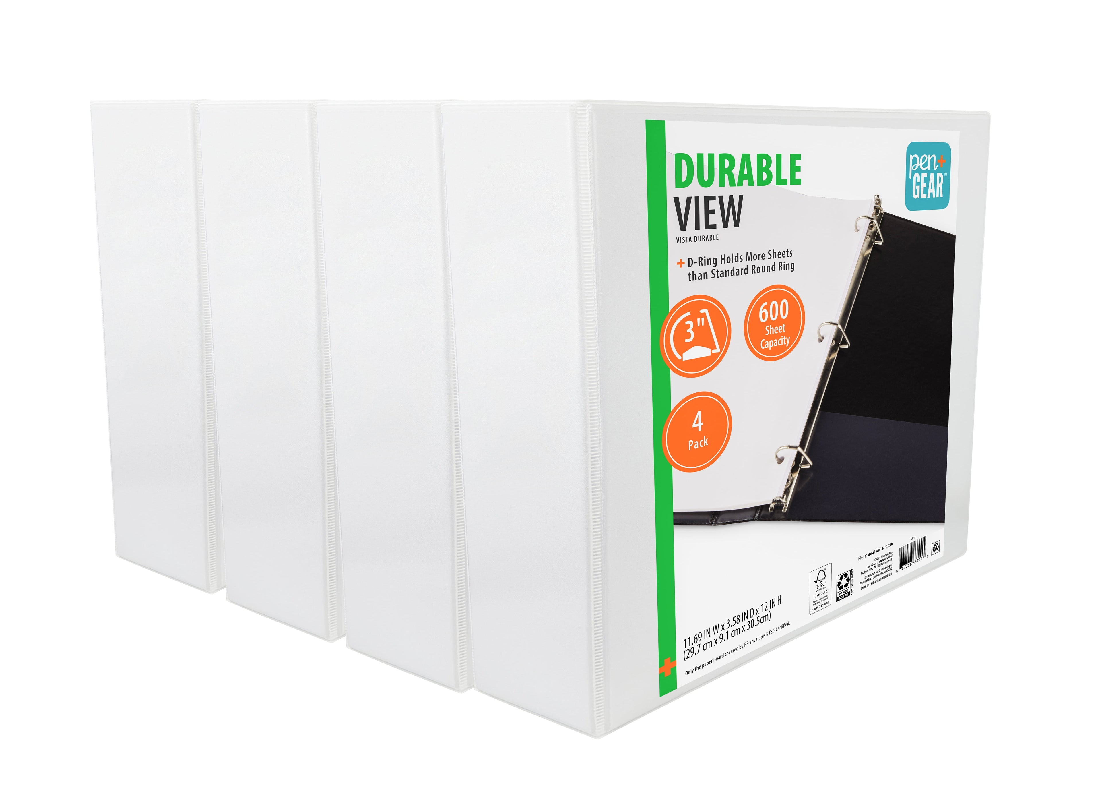 Durable View 3-Ring Binder with 3-inch Rings 4-Pack (White)