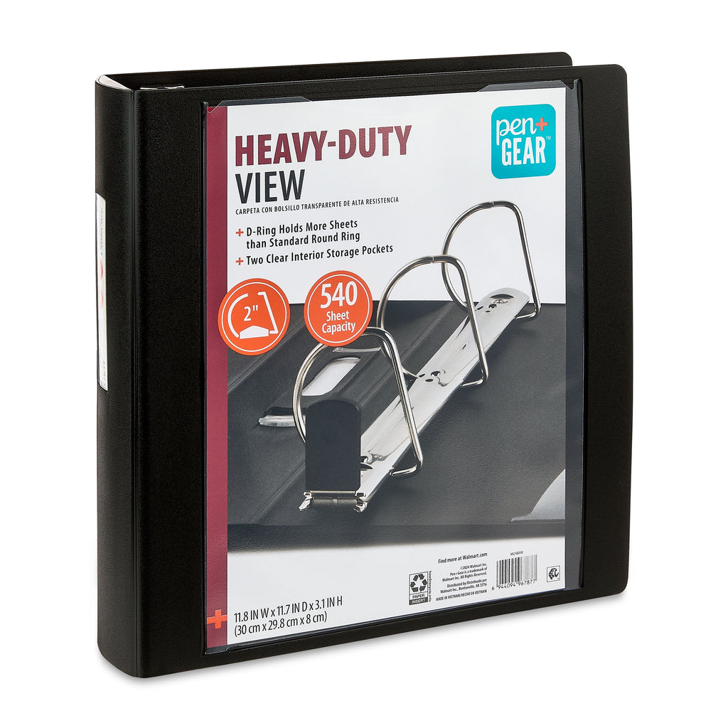 Pen+Gear Heavy Duty View 2" D-Ring Binder, Black
