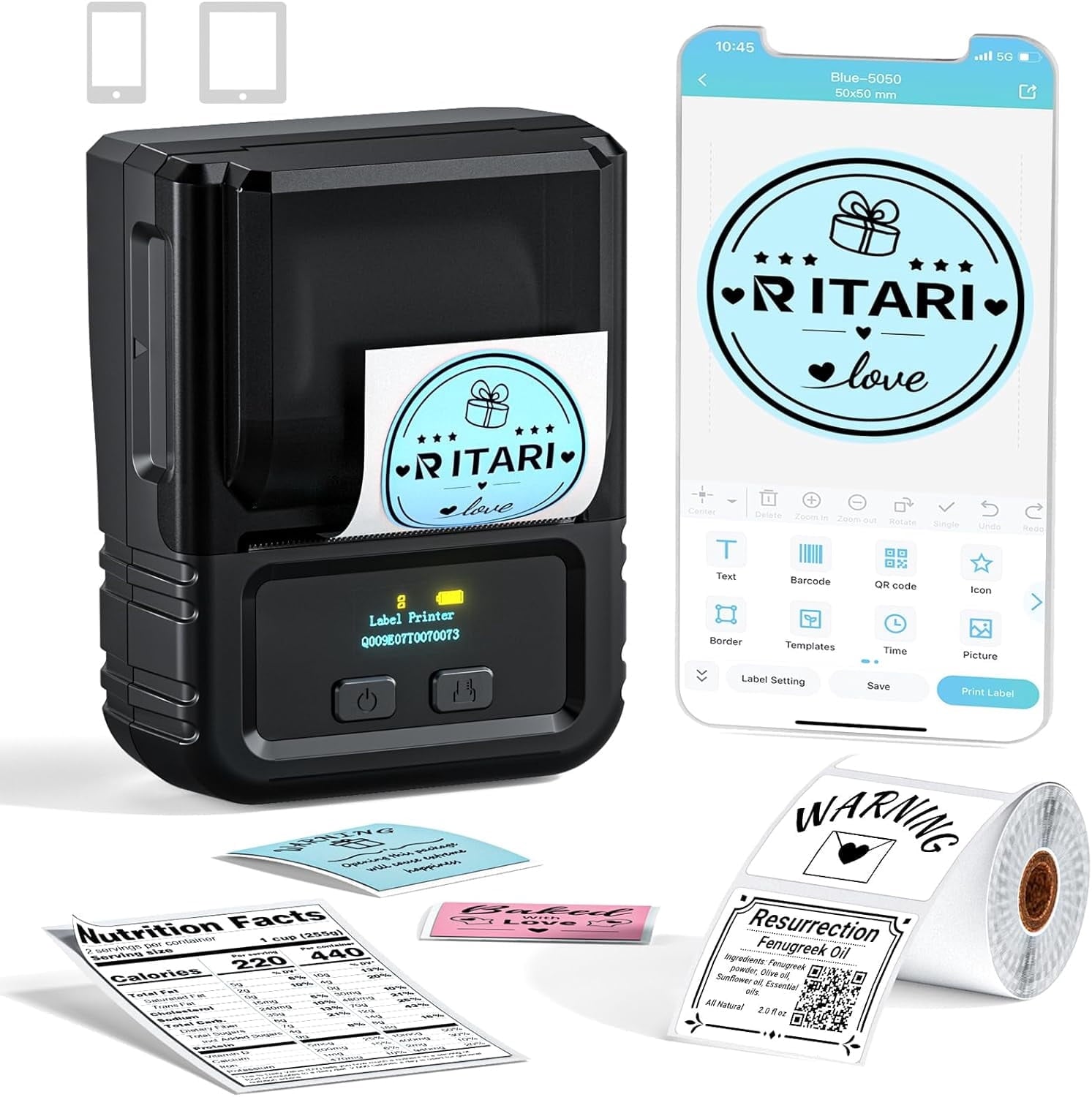 Phomemo M120 Portable Bluetooth Label Maker Thermal Barcode Label Printer Effortlessly Print 2 Inch 50mm Organize Barcodes for Retail, Small