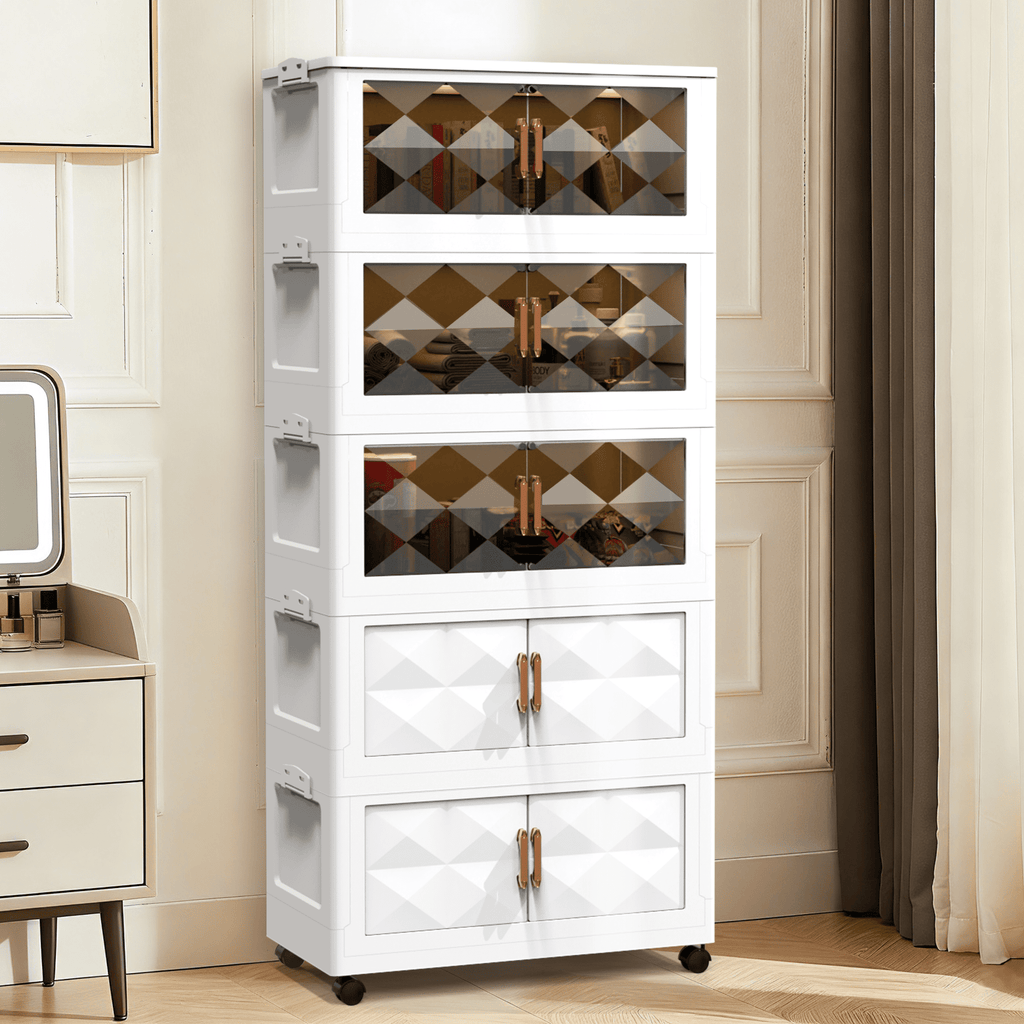 Stackable Storage Bins with Lids, 5 Tier Stackable Plastic Storage Bins with Wheels & Door,/63. Storage Box Collapsib...