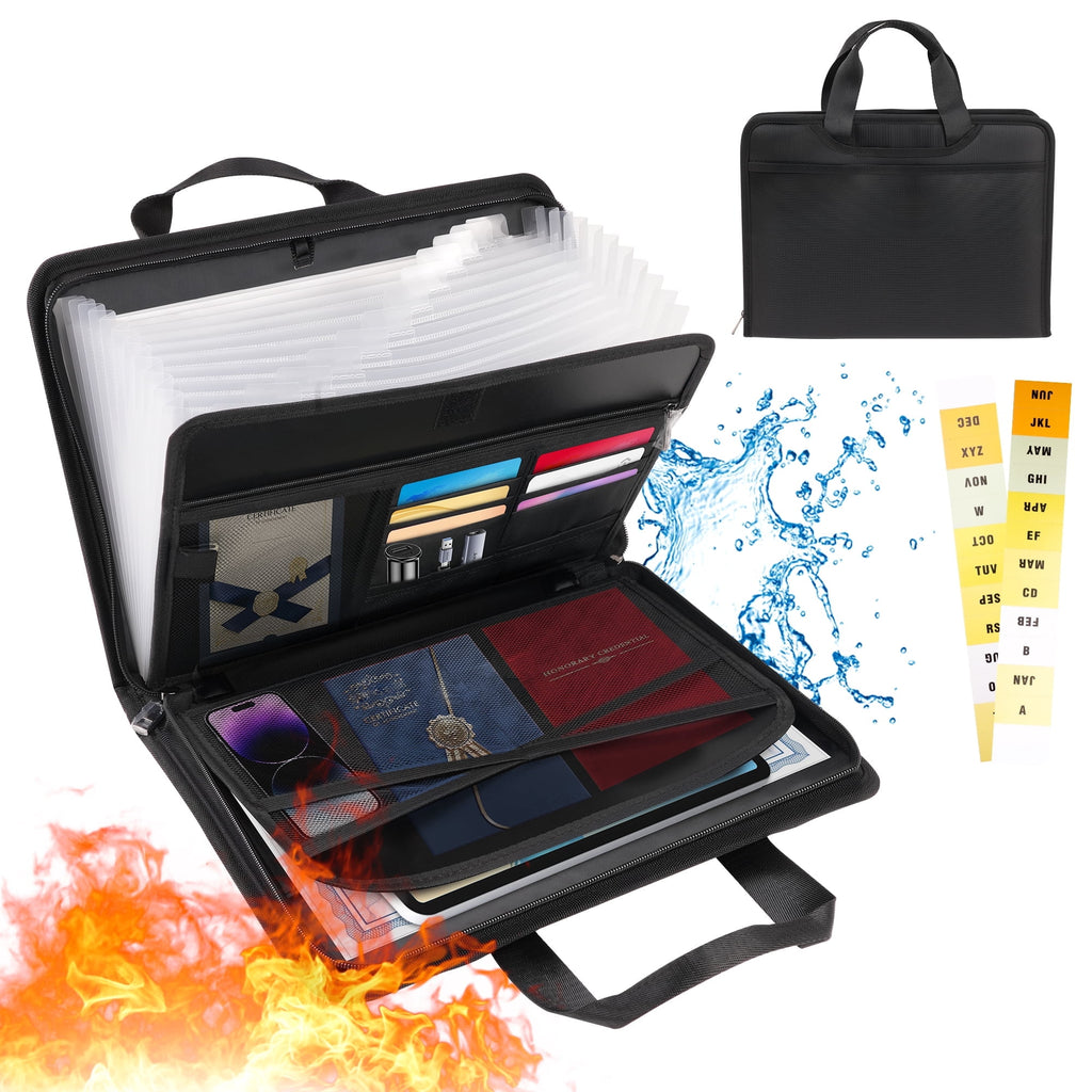 13 Pockets Fireproof Accordion File Organizer with Zipper & Labels,Large Capacity Fireproof and Waterproof File Stora...
