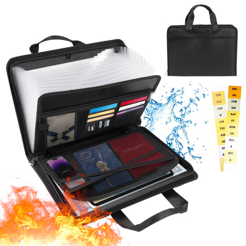 13 Pockets Fireproof Accordion File Organizer with Zipper & Labels,Large Capacity Fireproof and Waterproof File Stora...