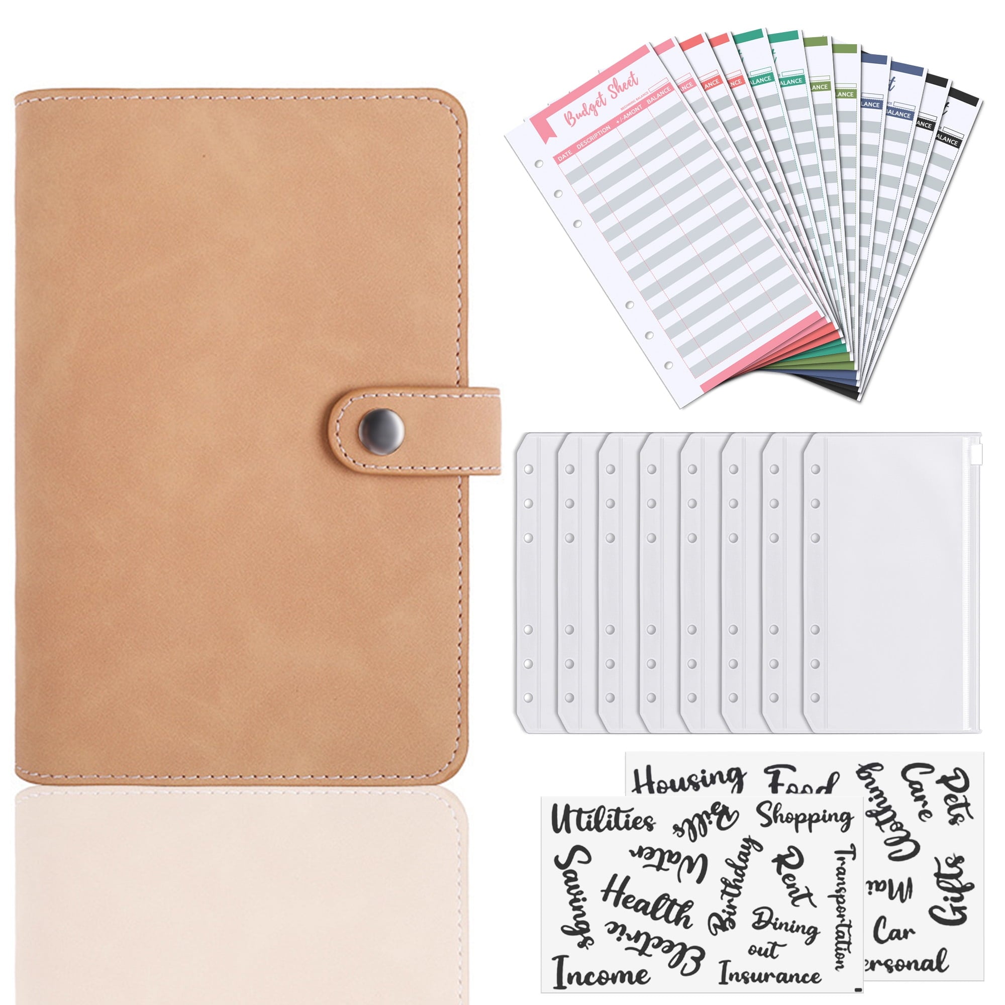 Budget Binder，6-Ring Loose Leaf Notebook with Zipper Envelopes for Budgeting，A9 PU Leather Binder Organizer with Extr...