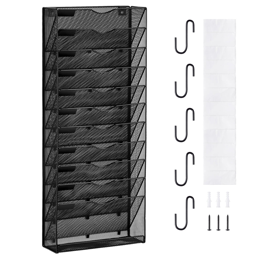 Wall File Rack, 12-Slot Single Piece Mesh Wall Organizer, Metal Magazine, Mail, Document & Paper Storage Holder, Wall...