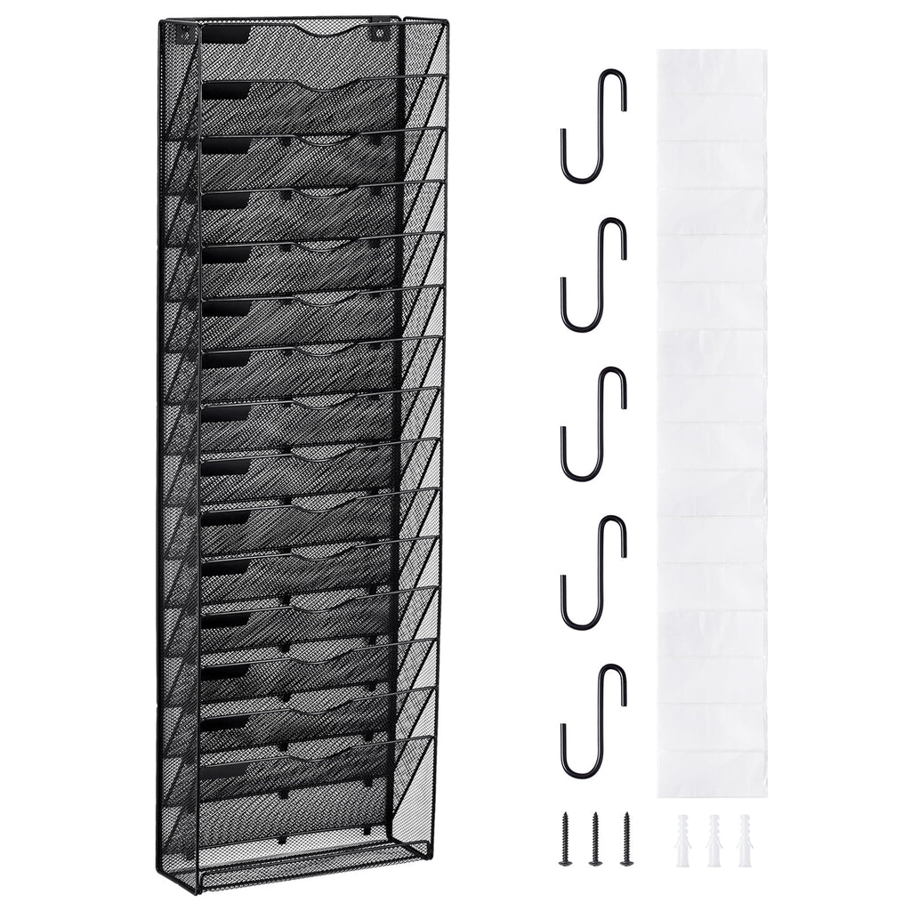 KFFKFFWall File Rack, 16-Slot Single Piece Mesh Organizer, Wall-Hanging Magazine, Mail, Paper & Document Holder, Metal Storage with Label Ta
