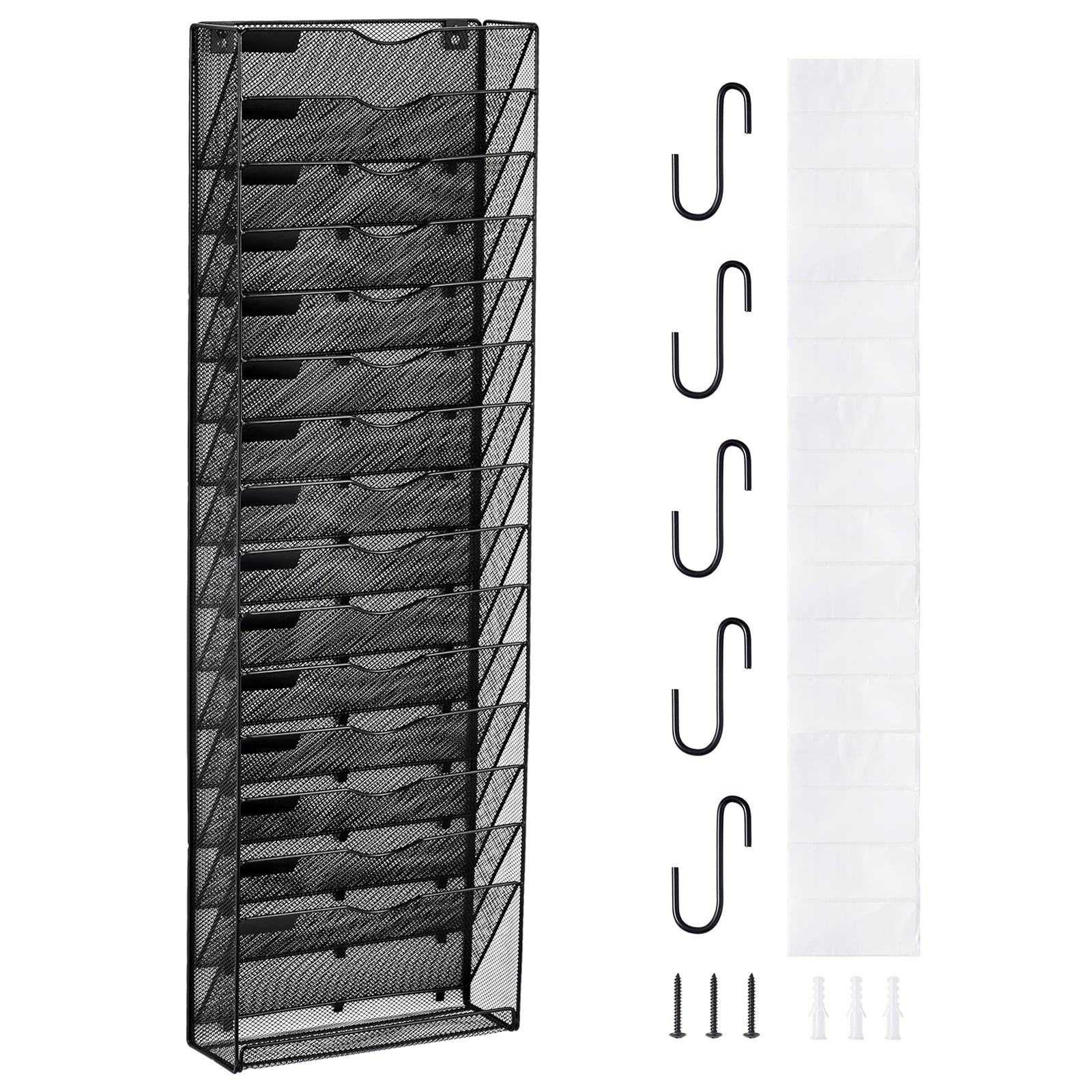 KFFKFFWall File Rack, 16-Slot Single Piece Mesh Organizer, Wall-Hanging Magazine, Mail, Paper & Document Holder, Metal Storage with Label Ta