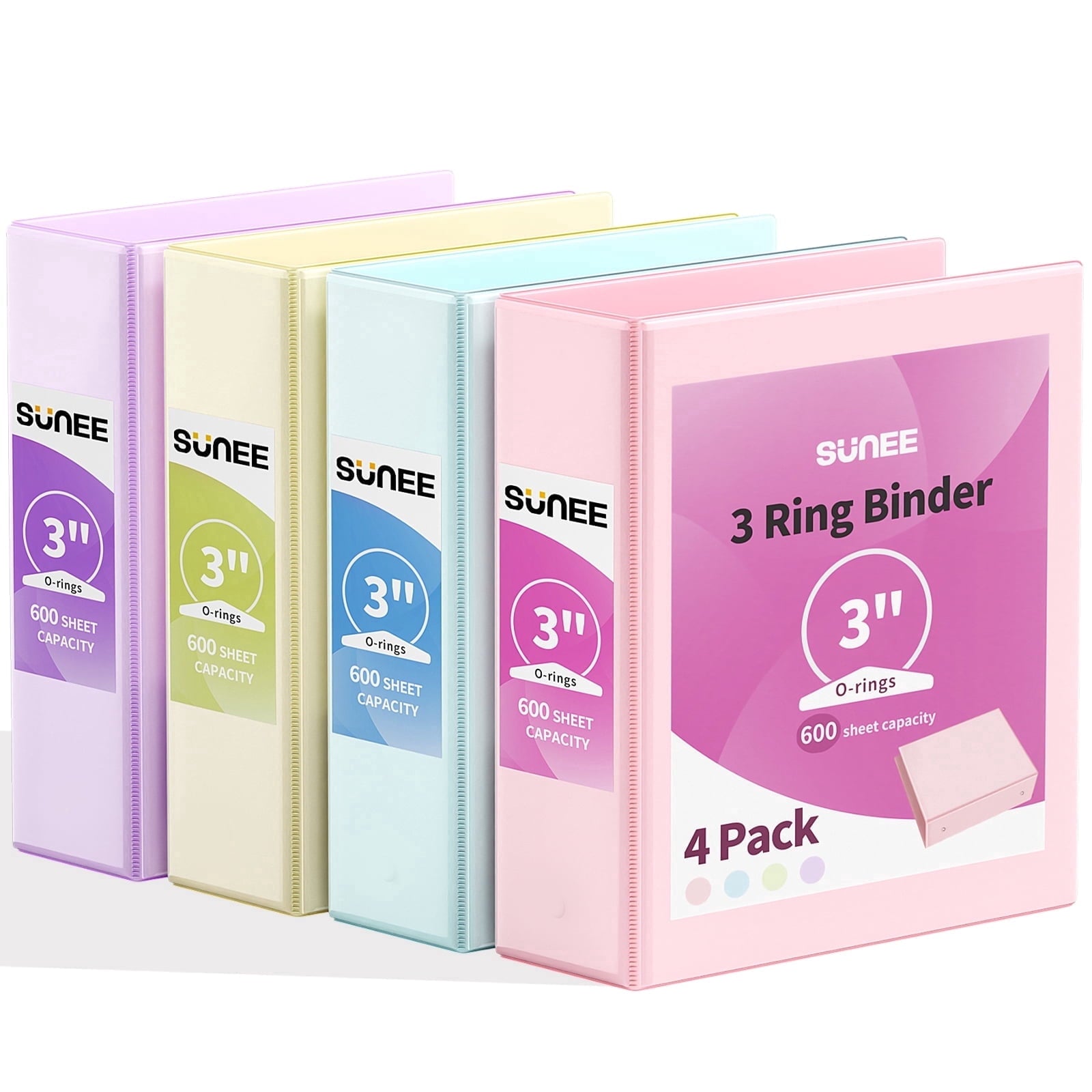 SUNEE 3 Ring Binder 3 Inch 4 Pack, 3" Large Clear View Binders Three Ring PVC-Free (Fit 8.5x11 Inches) for School or Office Supplies, Assort