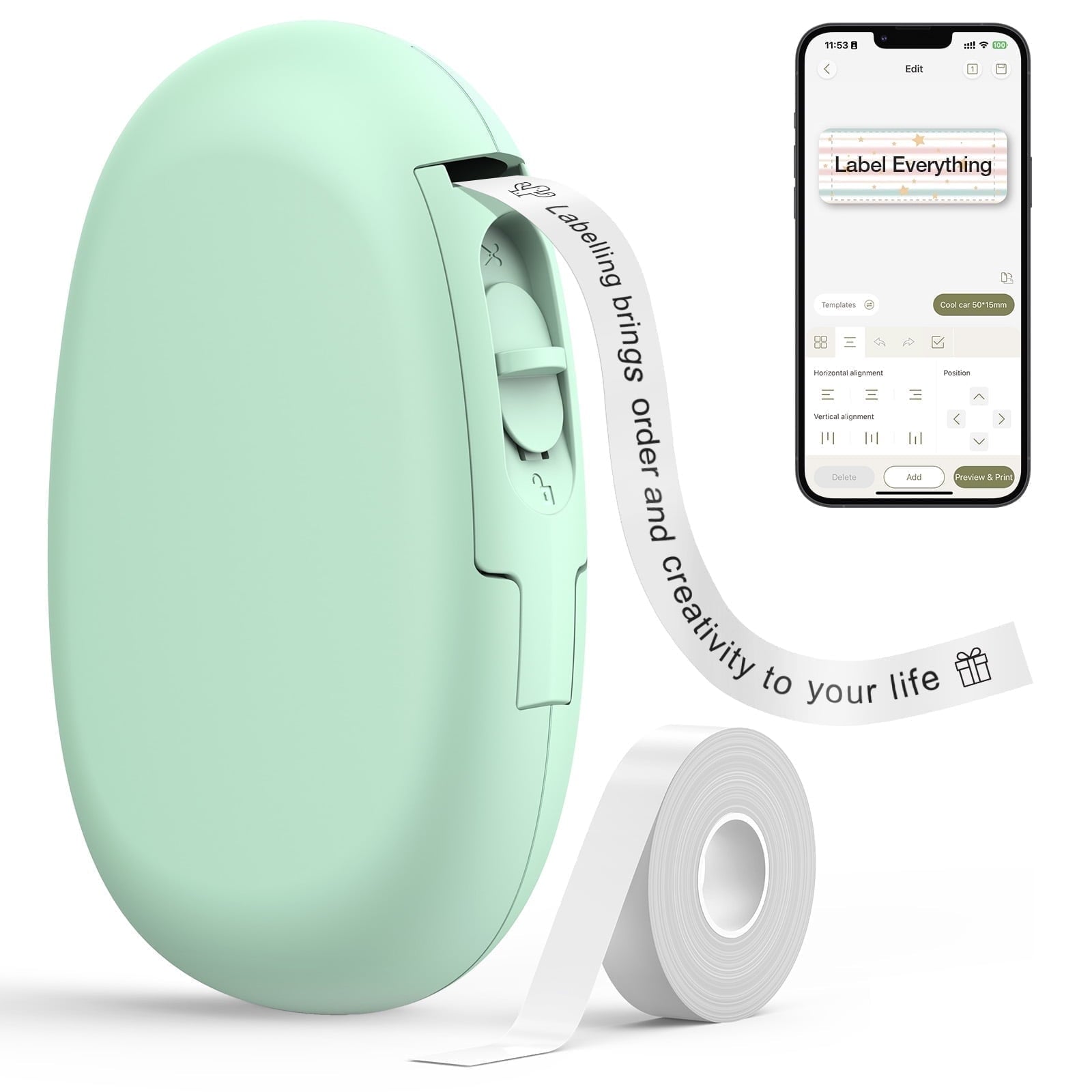 Bluetooth Label Maker Machine with Tape, Versatile App with 35 Fonts and 1k+ Icons, Green