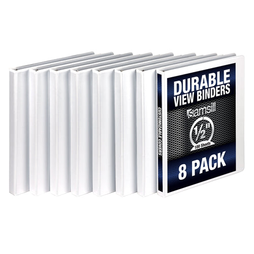 Durable .5" Round Ring Binder, White, Customizable, 8 Pack