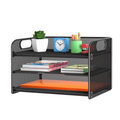 3 Tier Letter Tray Paper Organizer with Handle, Mesh Desk Organizer Paper Sorter File Rack Shelves, Black