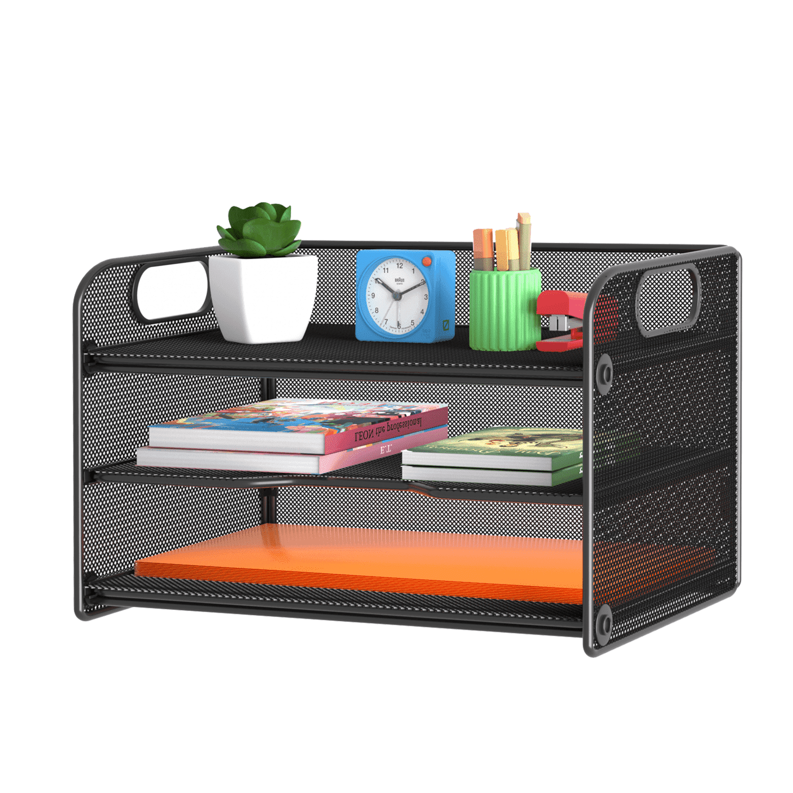 3 Tier Letter Tray Paper Organizer with Handle, Mesh Desk Organizer Paper Sorter File Rack Shelves, Black