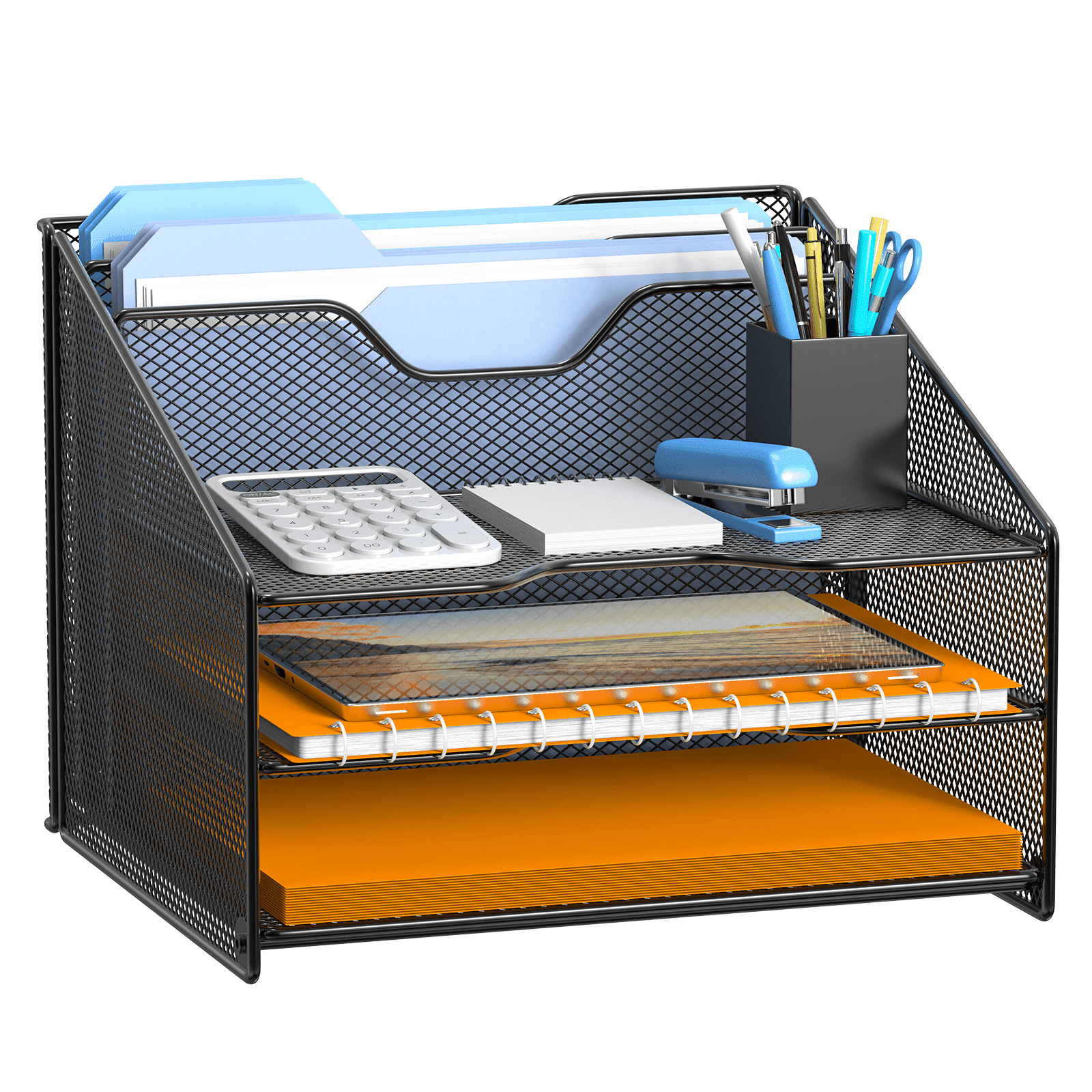 Organizer, Mesh Letter Folder Holder with 3 Paper Trays and 2 Vertical Upright Section, Black.