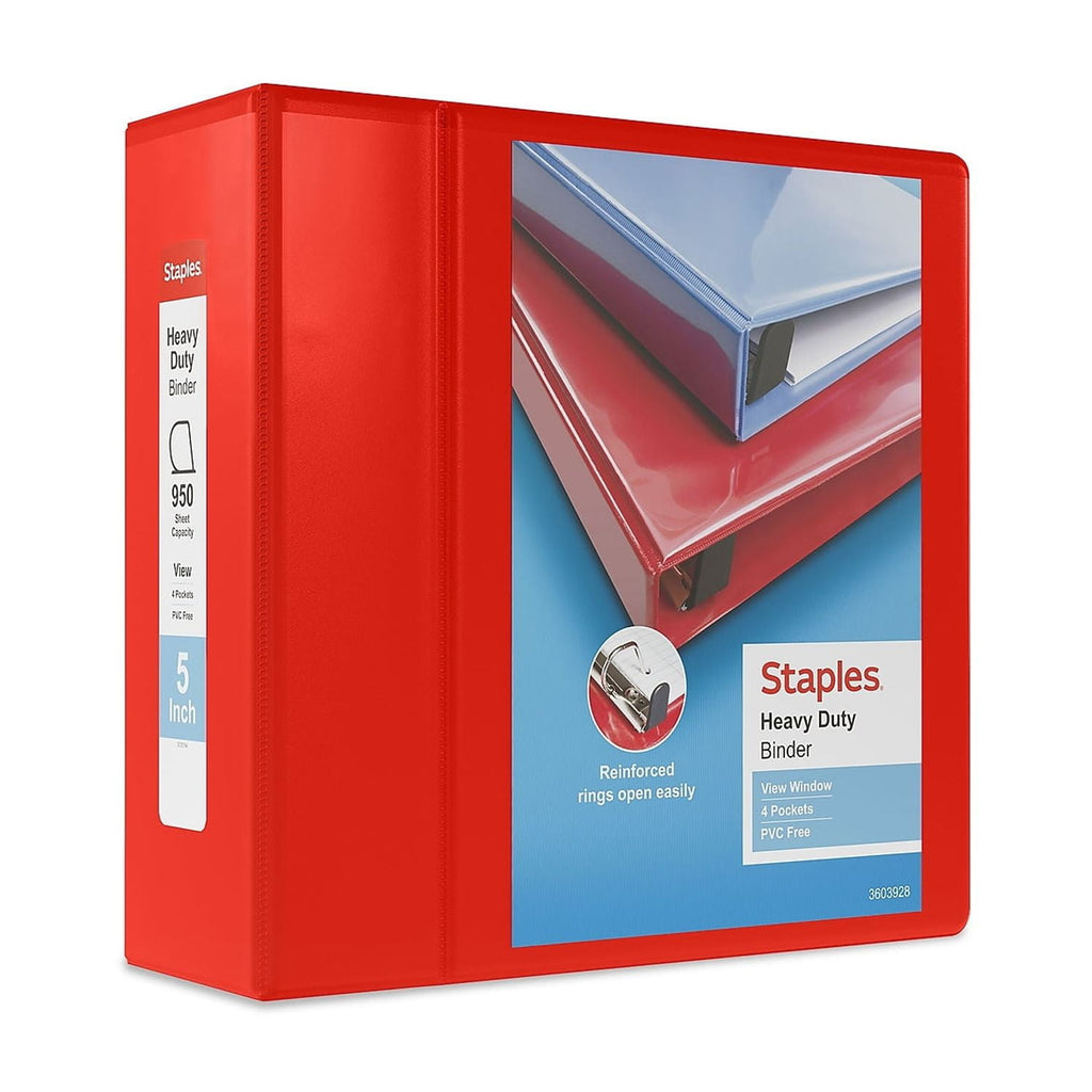 Heavy Duty 5" 3-Ring View Binder with D-Rings and Four Interior Pockets Red 2/Pack