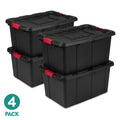 Large Storage Bin, 27 Gallon Rugged Industrial Plastic Storage Tote with Latch Lid, Black, 4 Pack