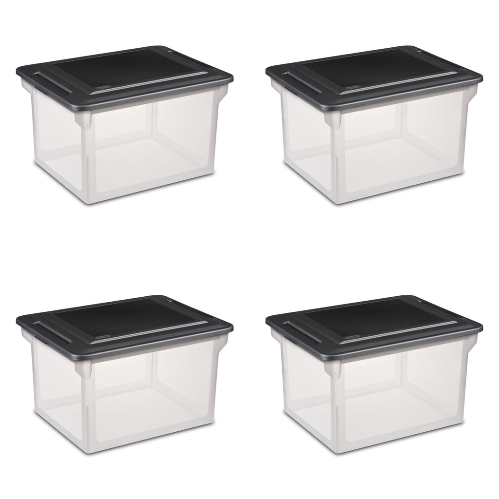 File Box, Clear Plastic Bin with Black Lid, Letter or Legal-sized File Storage, Black, 4 Pack