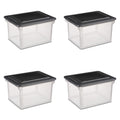 File Box, Clear Plastic Bin with Black Lid, Letter or Legal-sized File Storage, Black, 4 Pack