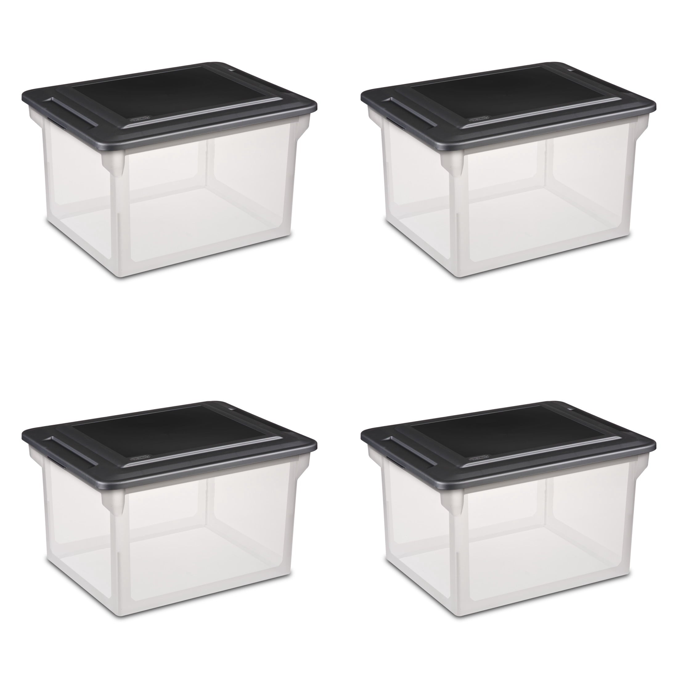 File Box, Clear Plastic Bin with Black Lid, Letter or Legal-sized File Storage, Black, 4 Pack