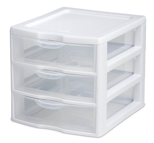 3 Clear Storage Bin, Desktop Storage Container, White