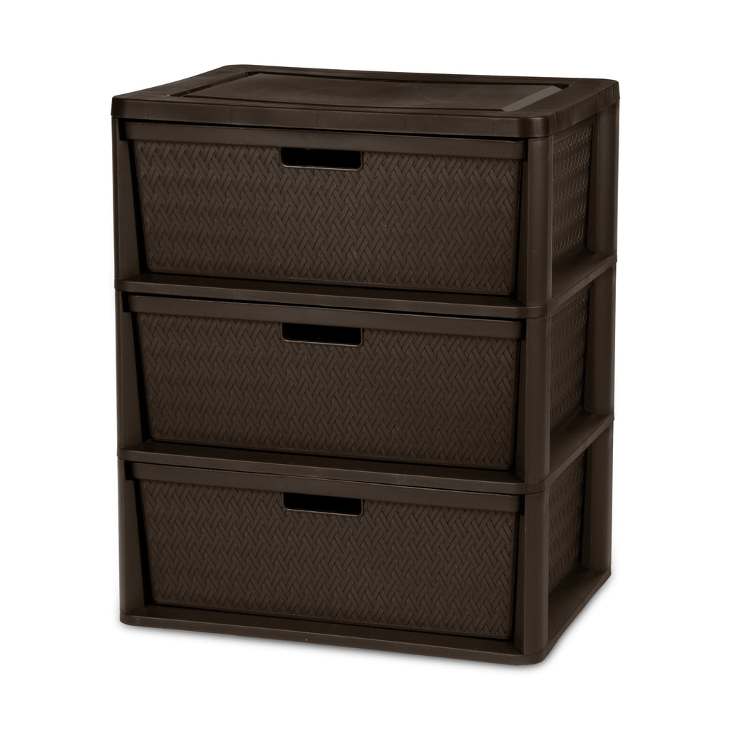 Wide 3 Drawer Tower, Plastic Storage Organizer with Removable Decorative Bins, Easy to Assemble - No Tools Needed, Brown