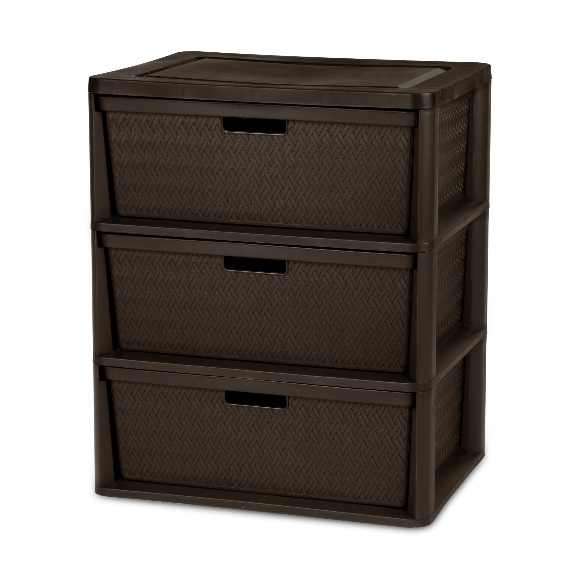 Wide 3 Drawer Tower, Plastic Storage Organizer with Removable Decorative Bins, Easy to Assemble - No Tools Needed, Brown