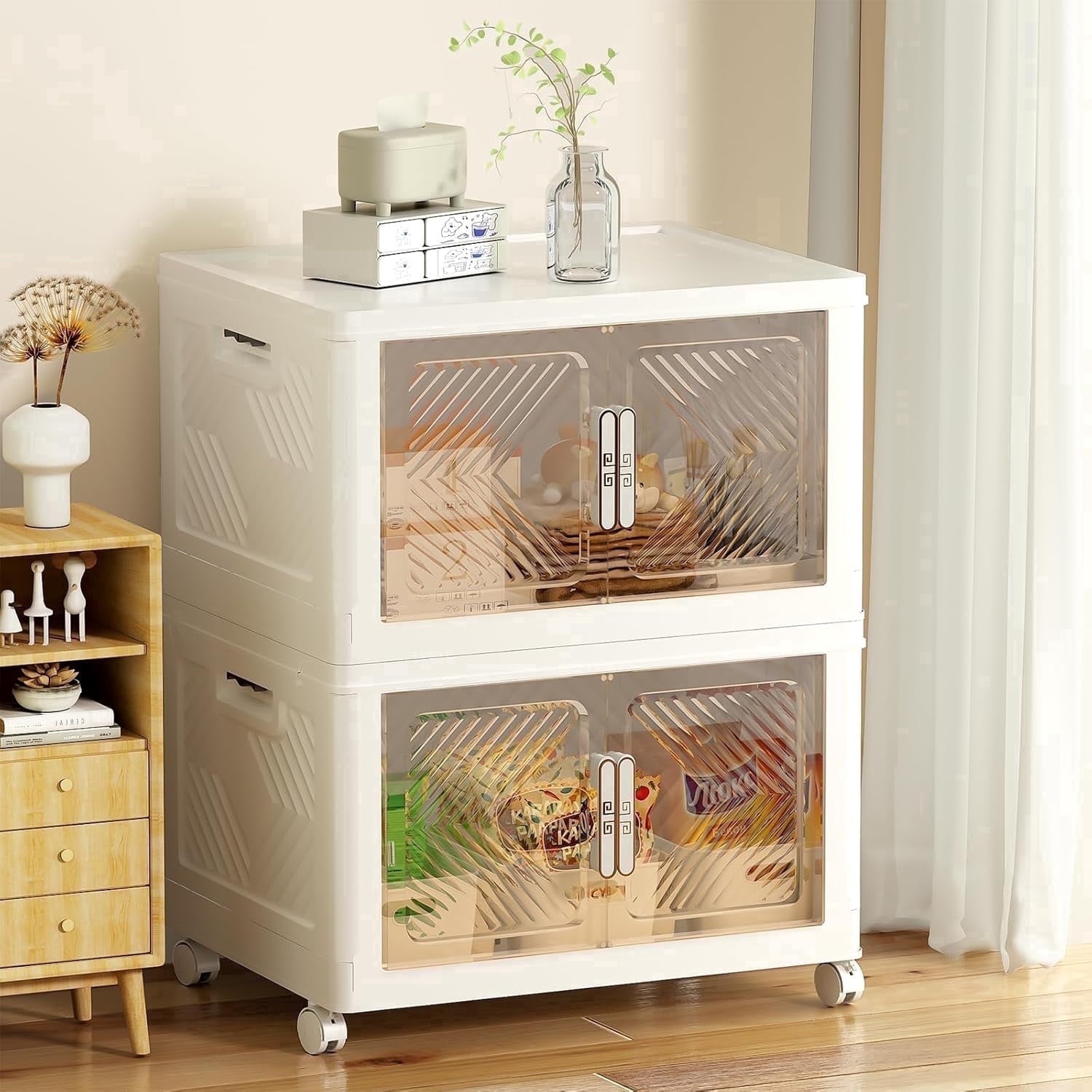 with Lid , Stackable Containers with Wheels and Magnetic Doors, Plastic Clothes Closet Organizers and Box for Home an...