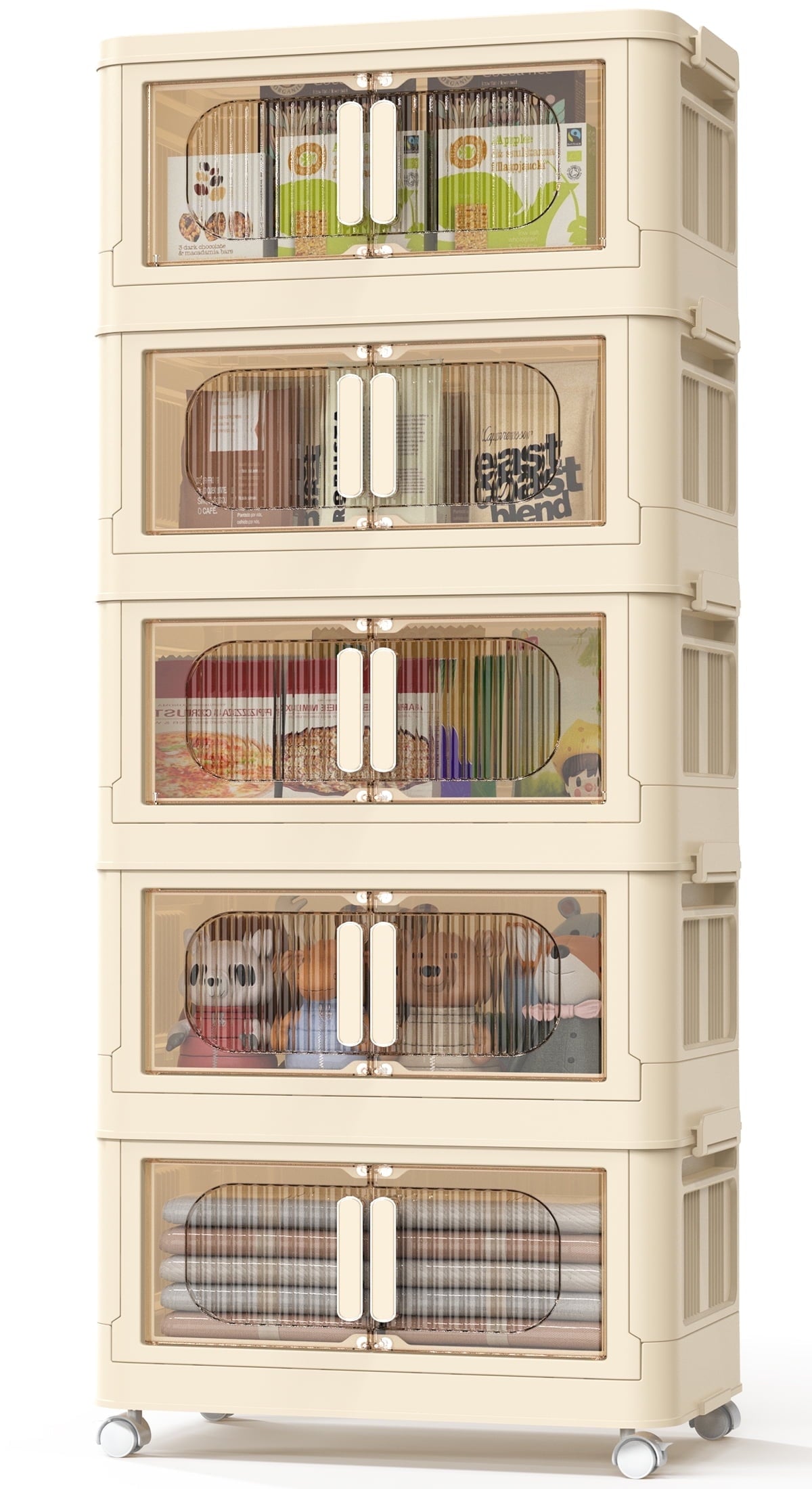 TNTANTS 5 Tiers Stackable Storage Bins with Wheels, Magnetic Dual Open Collapsible Storage Container with Lids, 125QT Folding Storage Box Bi