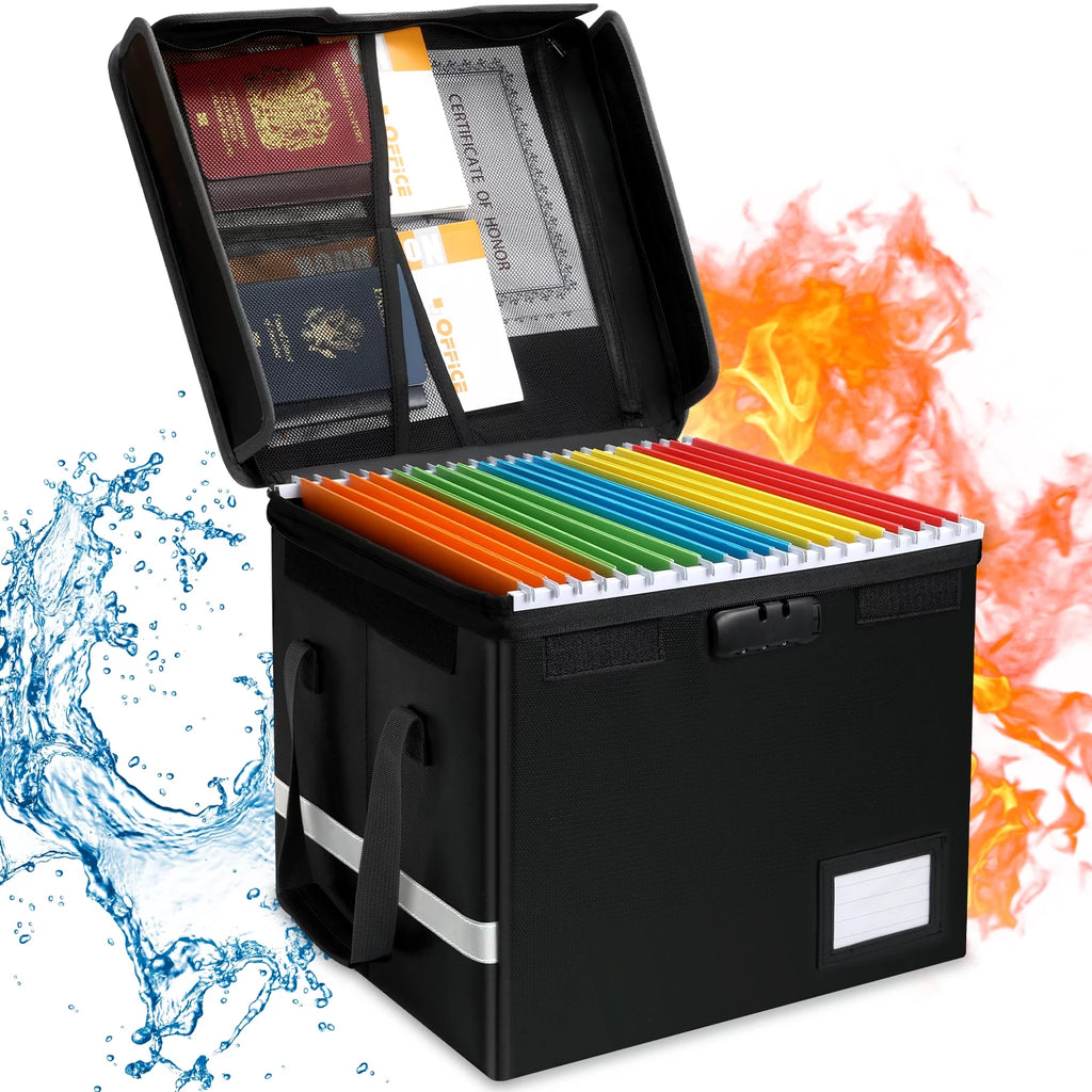 Fireproof File Box with Lock, Portable Document Organizer Box with Water-Resistant Zipper, Collapsible File Box for H...