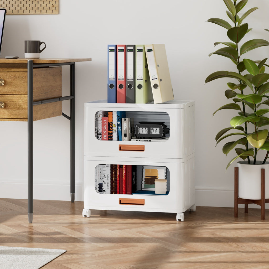 VECELO Stackable Storage Drawers Cabinet with Lids & Wheels, Folding Multi-Tier Collapsible Plastic Storage Boxes for Bedroom Living Room Ki