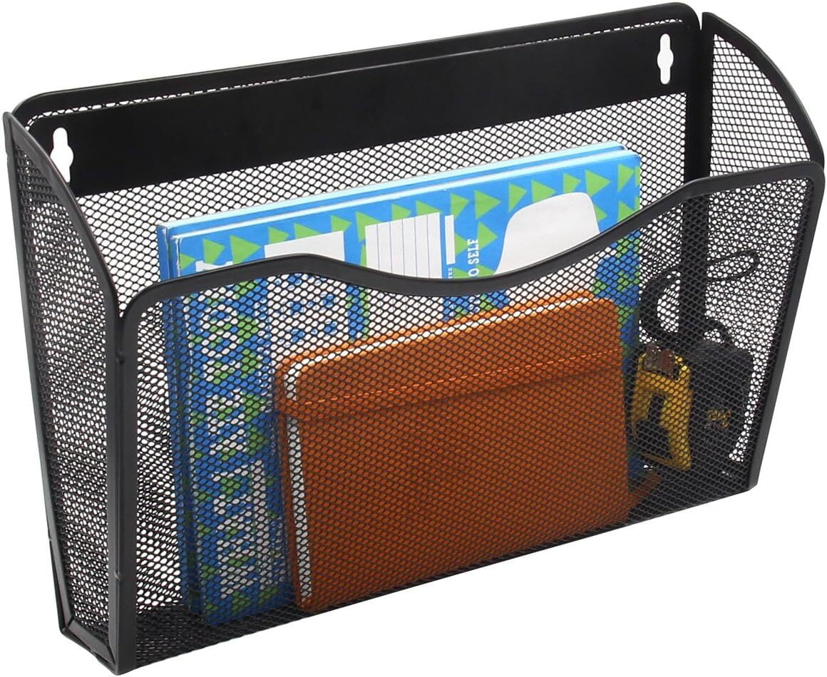 Wall Mount File Holder Mesh Single Pocket Hanging File Organizer Magazine Folder Basket ,Black