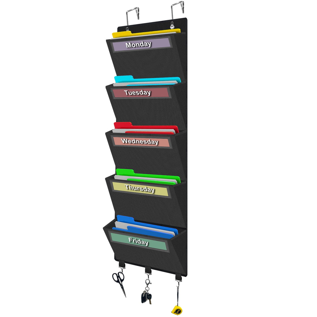 Weekly Over the Door File Organizer, Hanging File Folders Wall Organizer with 5 Large Pockets for Papers, Charts, Mai...
