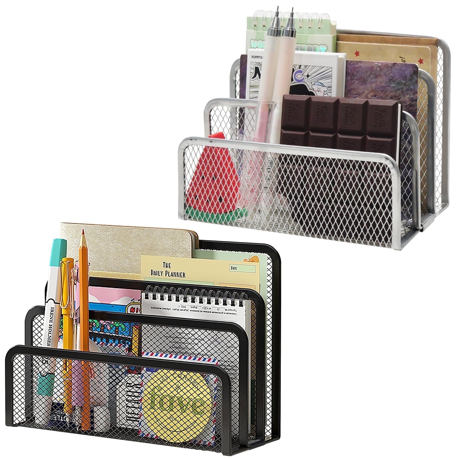 Organizer, Metal Mesh Letter Holder File Sorter, top Organizer for Home Office, 2 Pack, 6.8"x3.5"x5.1", Black+Silver