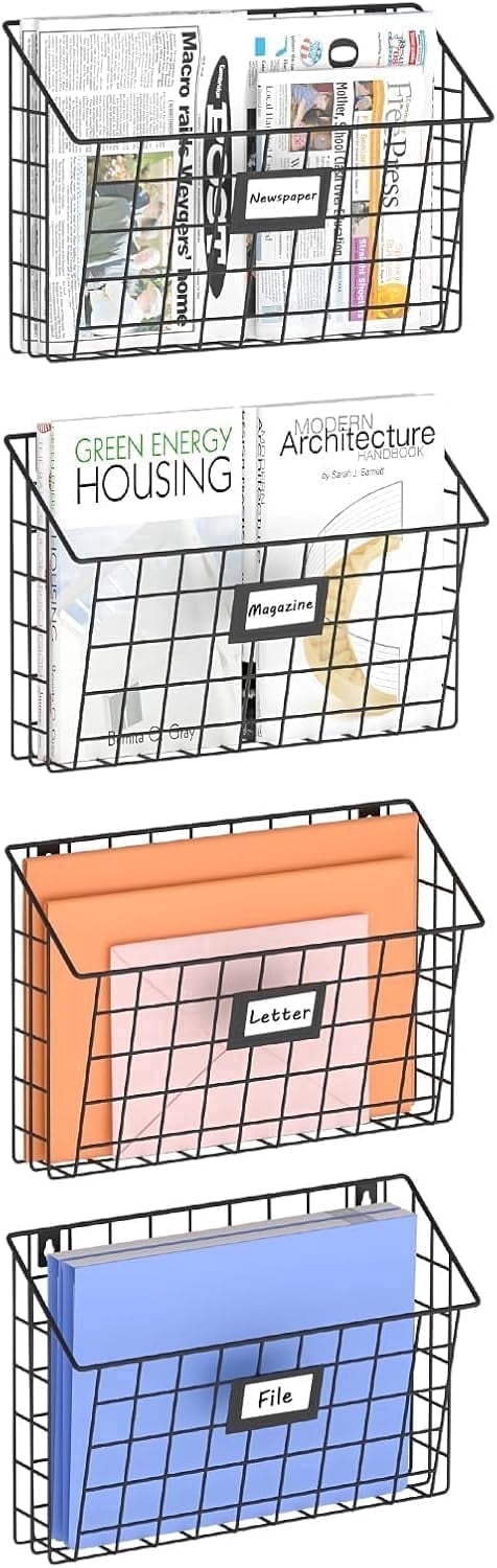 XCOSRACK 4-Tier Wall File Organizer, Hanging Metal Document Holder & Mail Sorter with Label Slots, Detachable Vertical Magazine Rack for Let