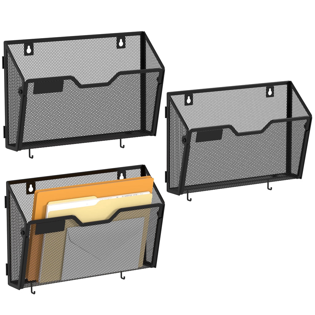 3 Pack Wall Mount File Holders, 12.6" Black Mesh Hanging File Folder Organizer with 2 Hooks, Easy Install Letter & Ma...