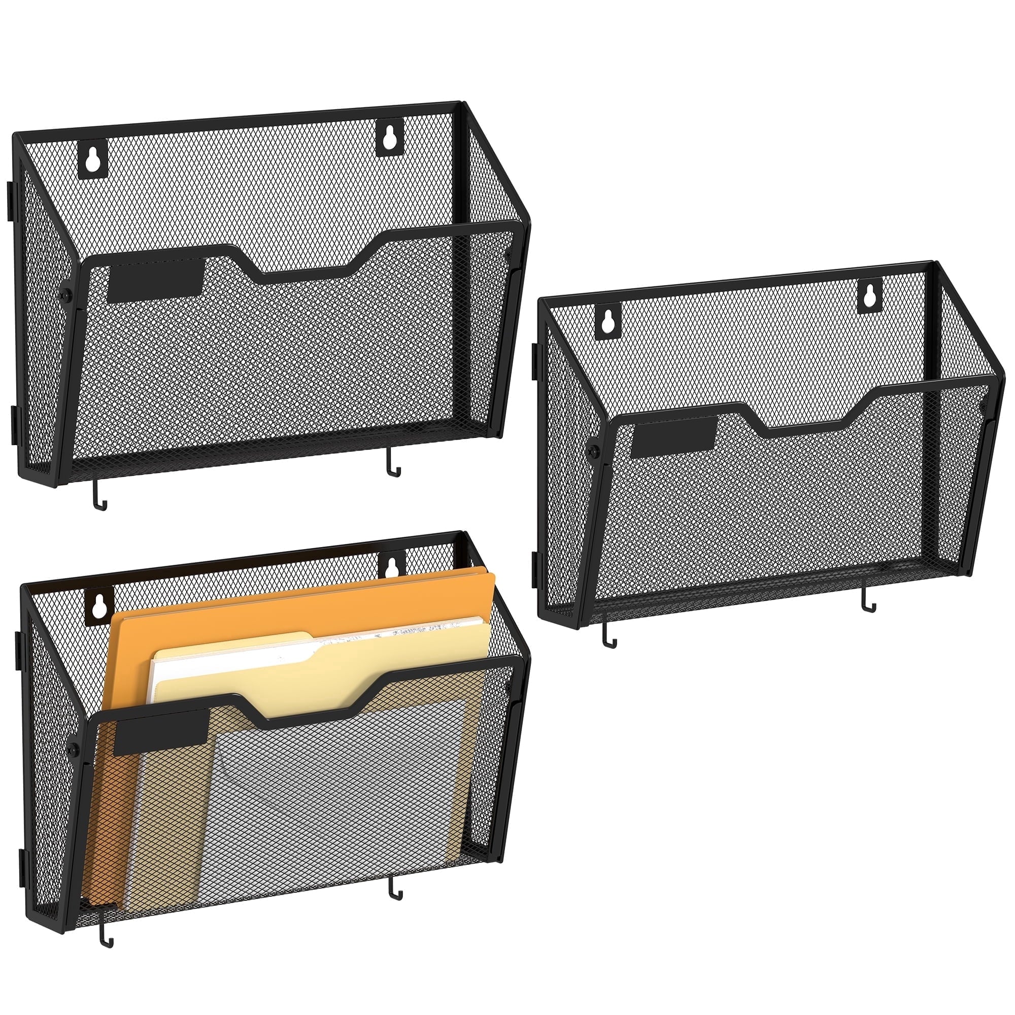 3 Pack Wall Mount File Holders, 12.6" Black Mesh Hanging File Folder Organizer with 2 Hooks, Easy Install Letter & Ma...
