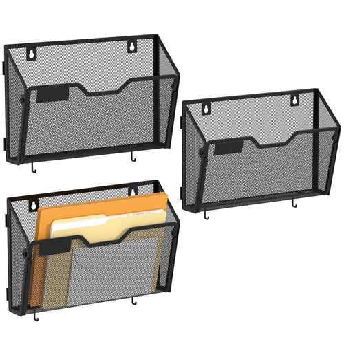 3 Pack Wall Mount File Holders, 12.6" Black Mesh Hanging File Folder Organizer with 2 Hooks, Easy Install Letter & Ma...