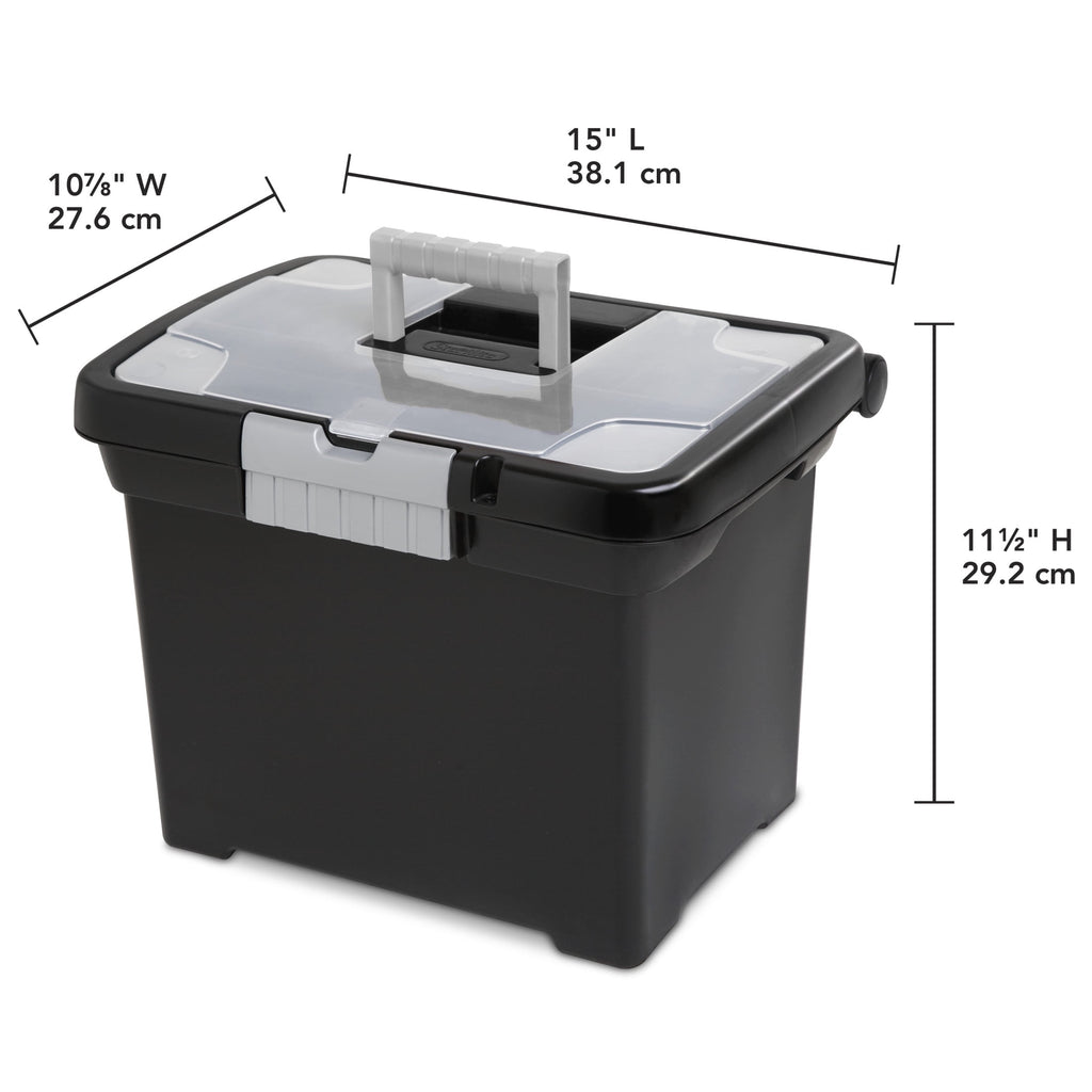 Portable File Box, Letter-Size Plastic File Storage Box with Handle and Divided Lid Storage Compartment, Black - Image 2