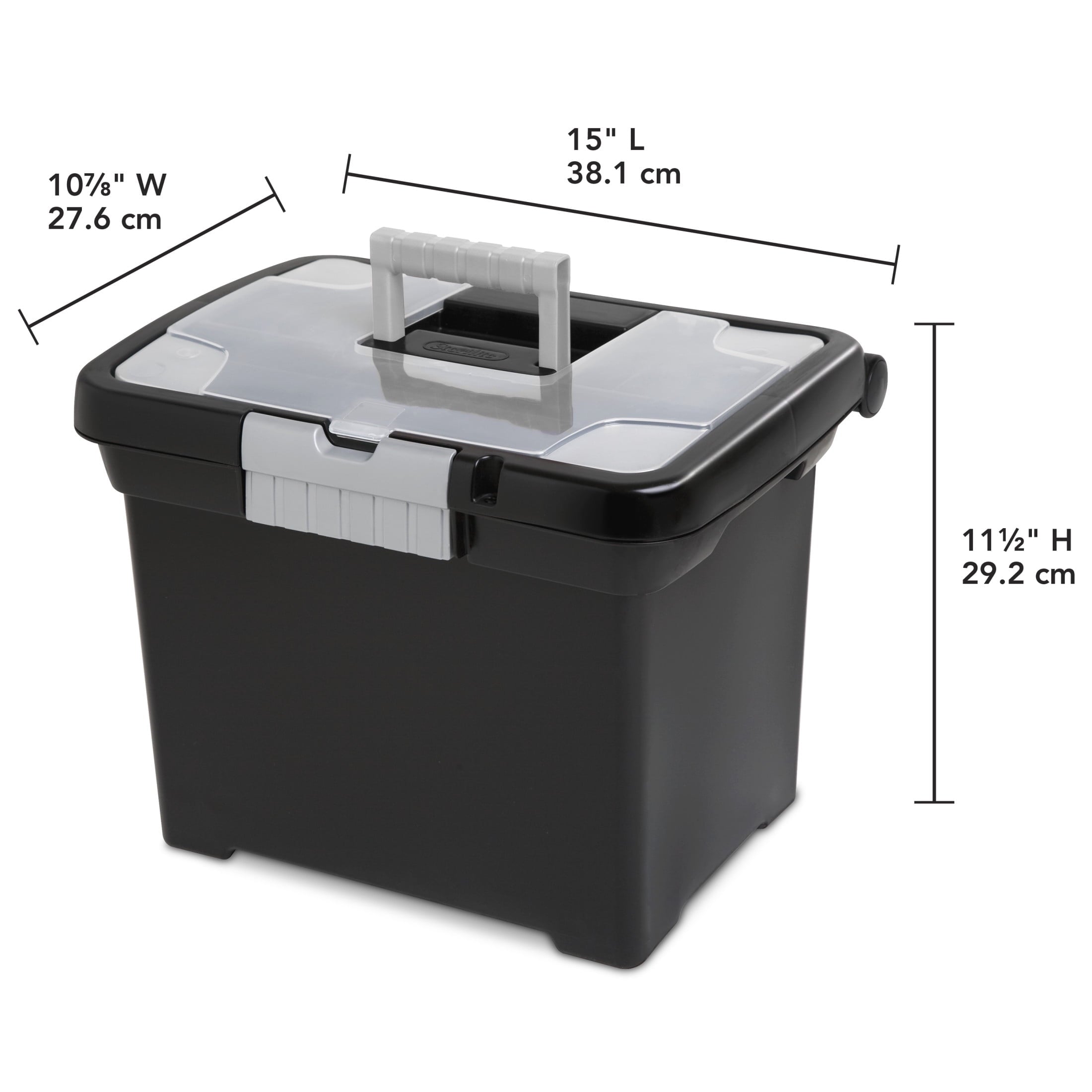 Portable File Box, Letter-Size Plastic File Storage Box with Handle and Divided Lid Storage Compartment, Black - Image 2