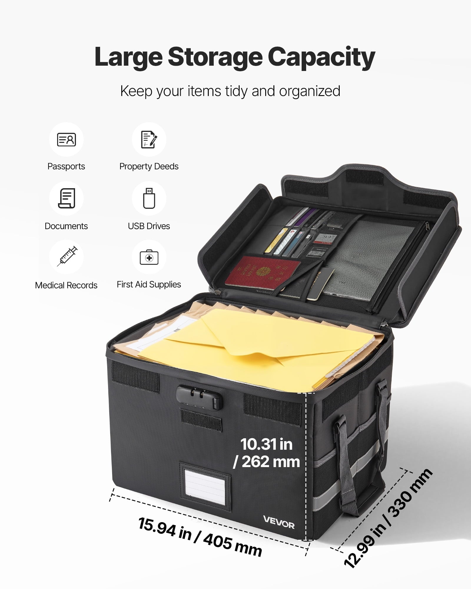 VEVOR Fireproof Document Box, 1832  Heat Insulated Fireproof & Waterproof Box with Lock, Portable File Storage Security Organizer Home Offic - Image 3