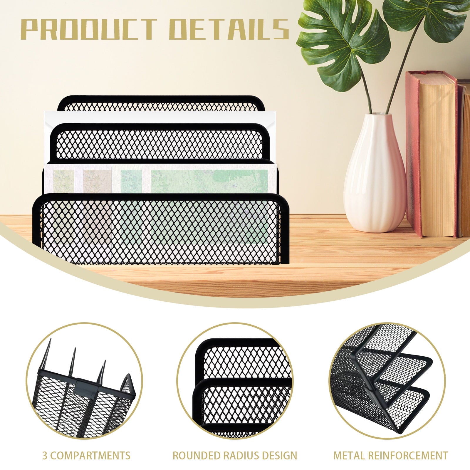 Office Vertical Desk File Organizer, Mesh Metal Mail Organizer Countertop with 3-Slot, Multifunctional Mail File Hold... - Image 3
