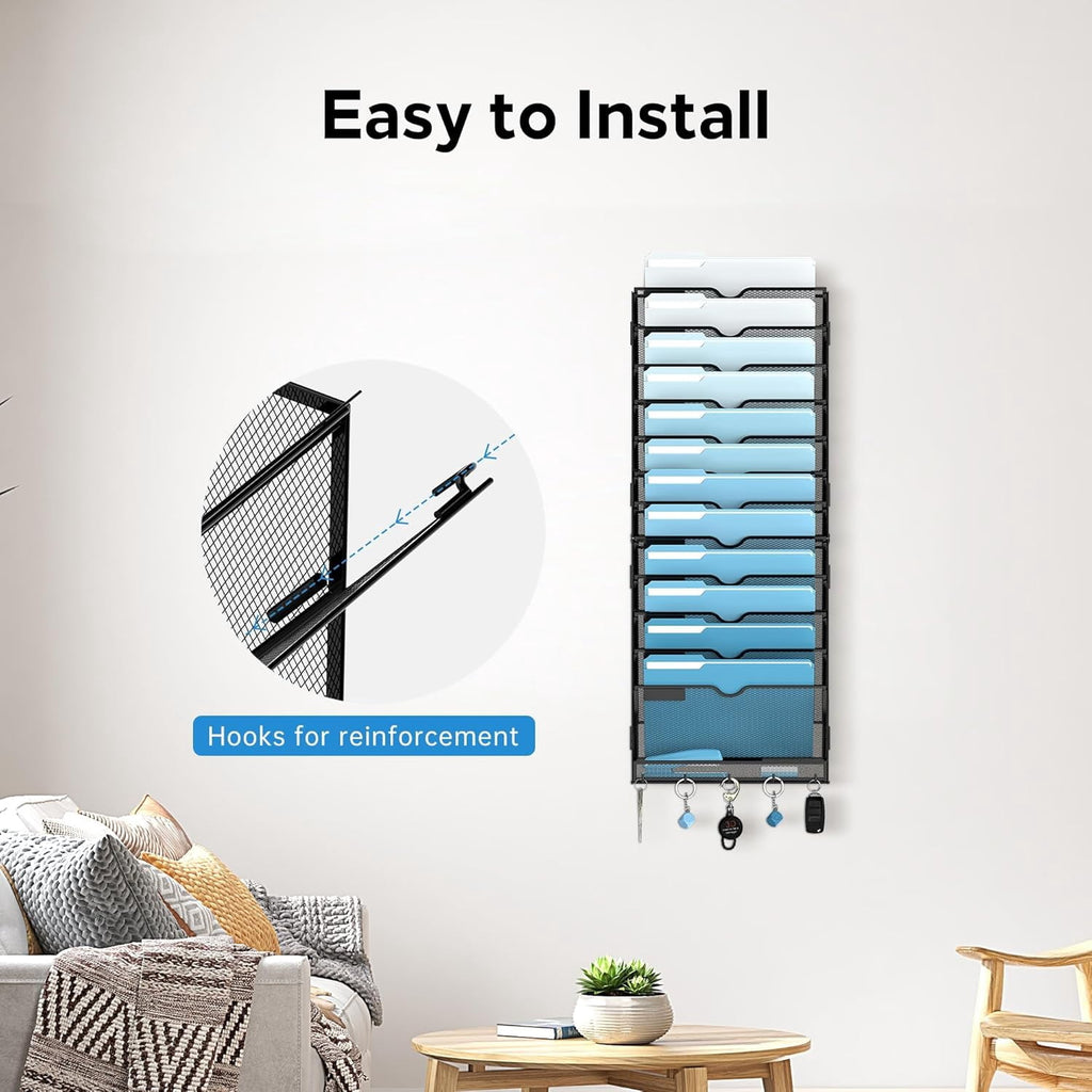 13-Tier Metal Hanging File Organizer with Hooks, Wall Mounted Paper Organizer, Screw Mount - Image 3