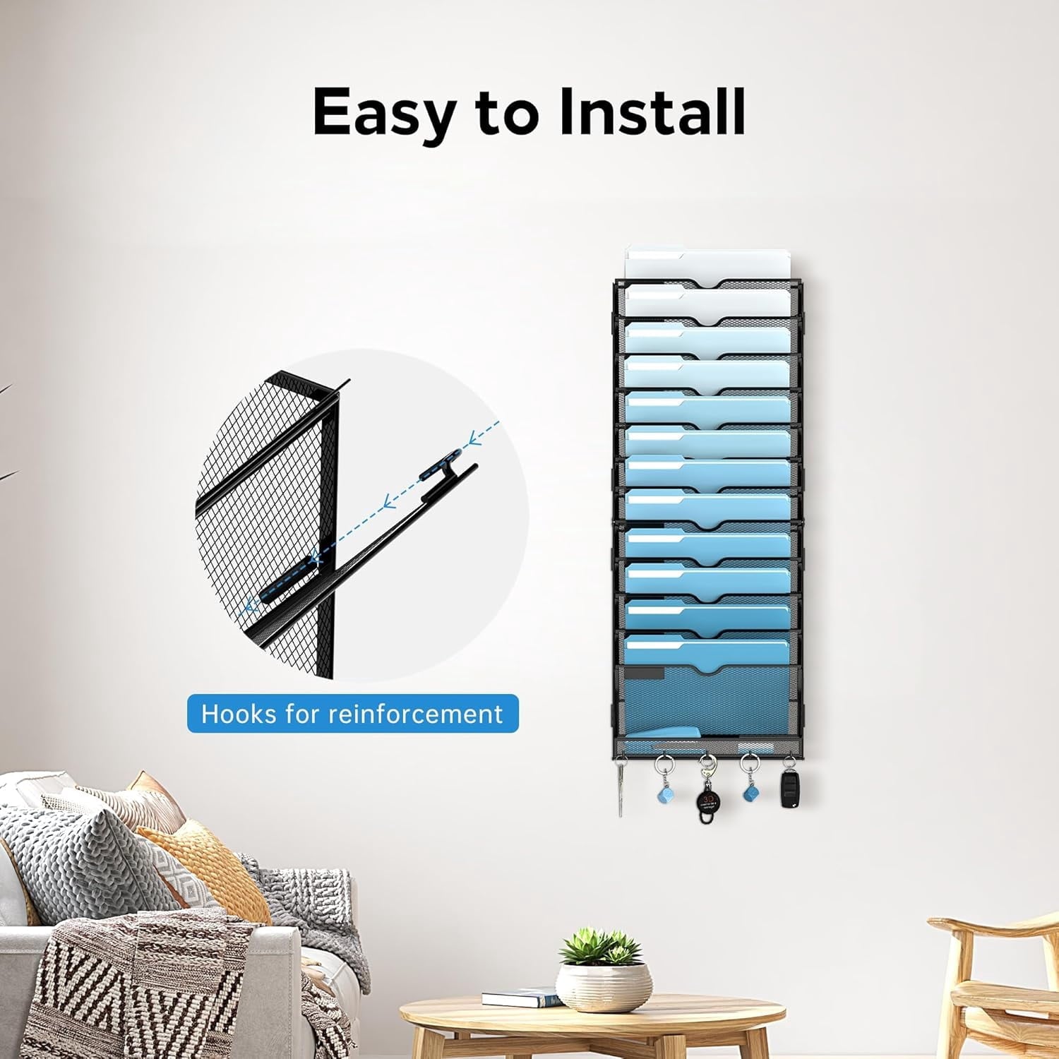 13-Tier Metal Hanging File Organizer with Hooks, Wall Mounted Paper Organizer, Screw Mount - Image 3