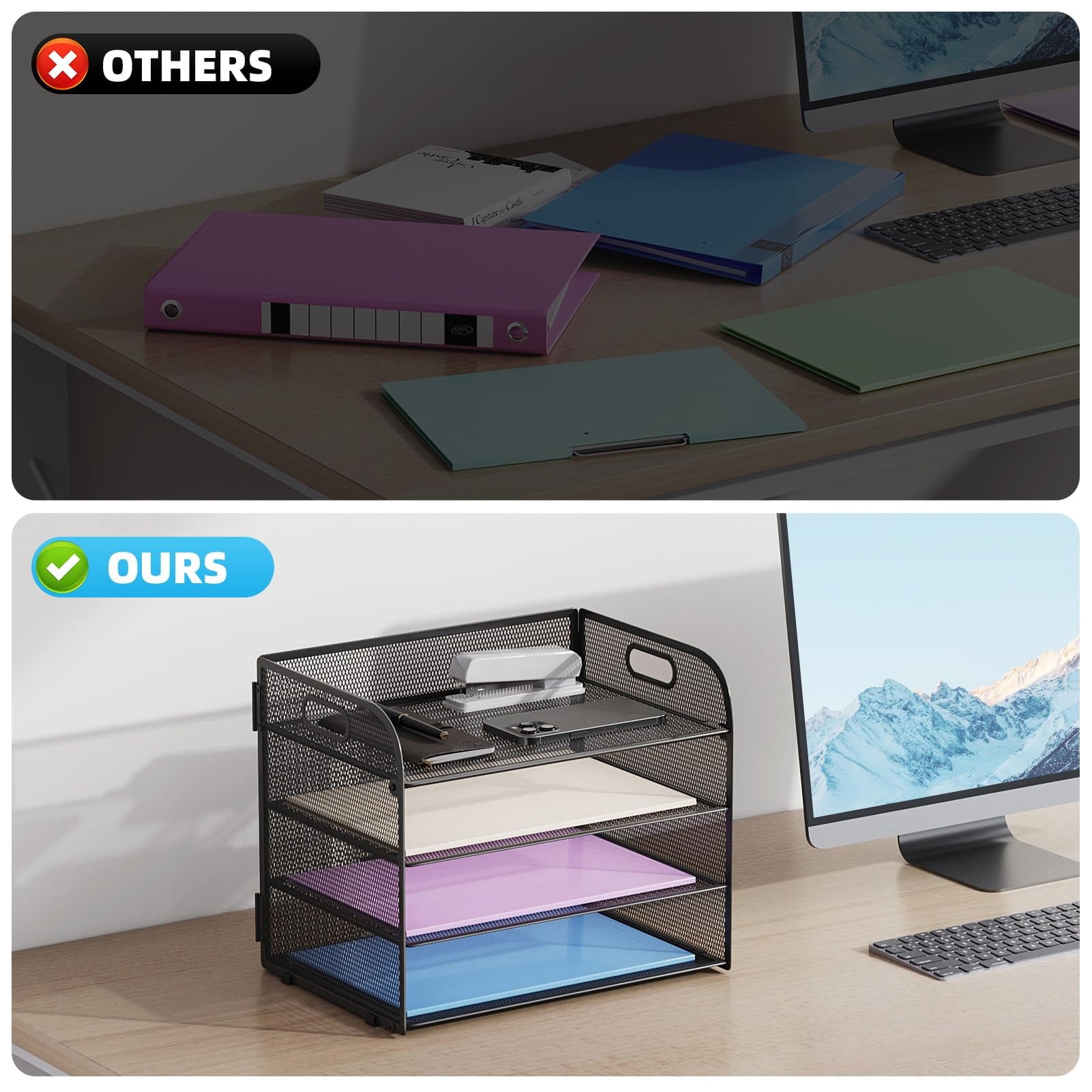 Marbrasse 4-Tier Desk Organizer Tray, ,Paper Organizer for Desk,Mesh Desktop File Organizers with Handle - Image 5