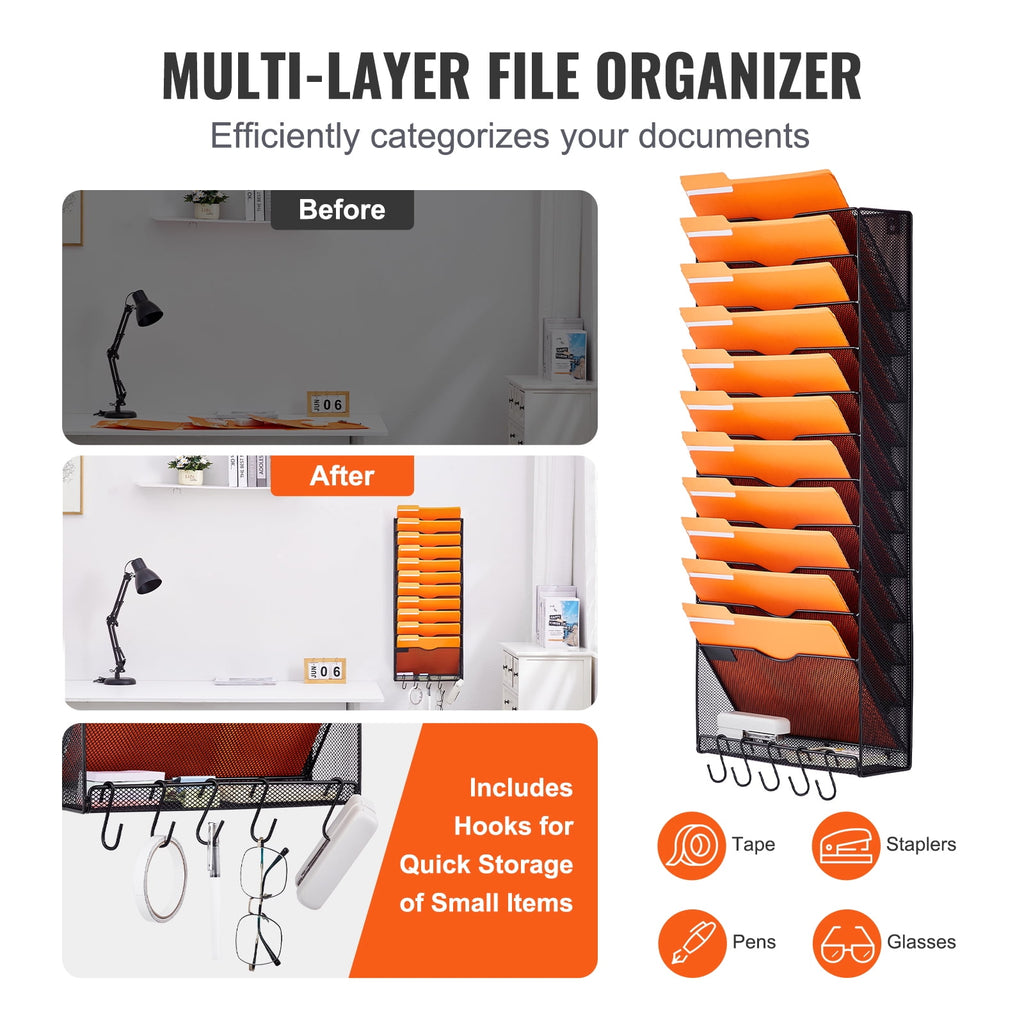 Wall File Rack, 12-Slot Single Piece Mesh Wall Organizer, Metal Magazine, Mail, Document & Paper Storage Holder, Wall... - Image 3