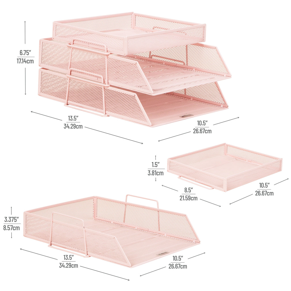 2 Tier Paper Tray with Top Supply Compartment, Desktop File Organizer, Metal Mesh, Pink - Image 2