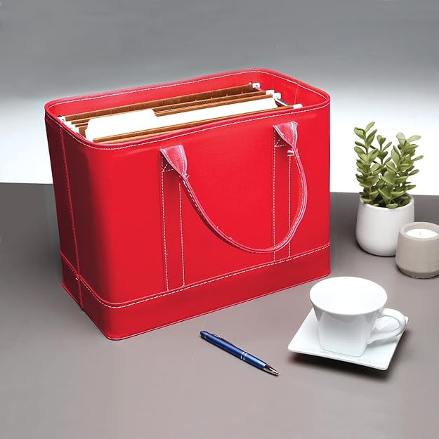 HOME DISTRICT Chic File Organizer Tote - Important Document Organizer Bag, Portable File Box with Handle, Red - Image 4