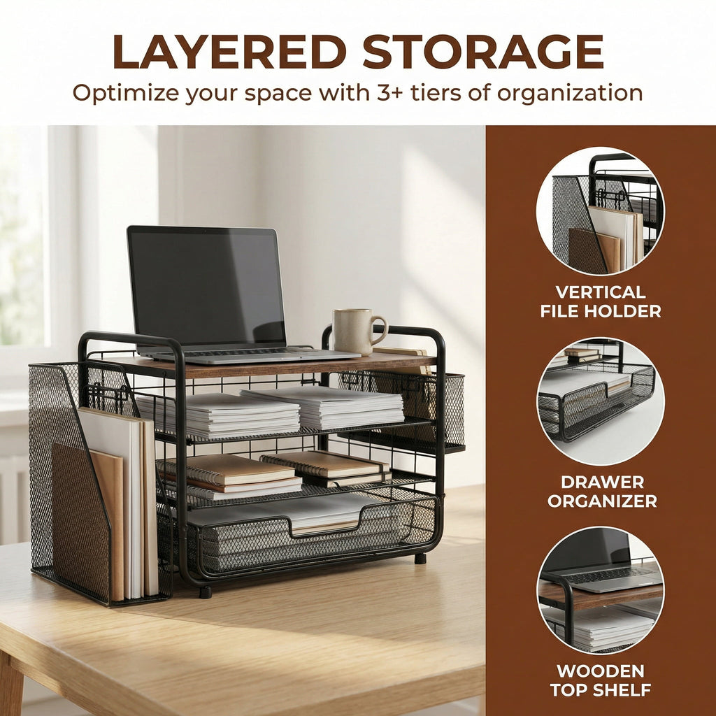 4-Tier Desk Organizer,Metal Desktop File Organizer with Drawer and Pen Holder,Office Supplies - Image 2