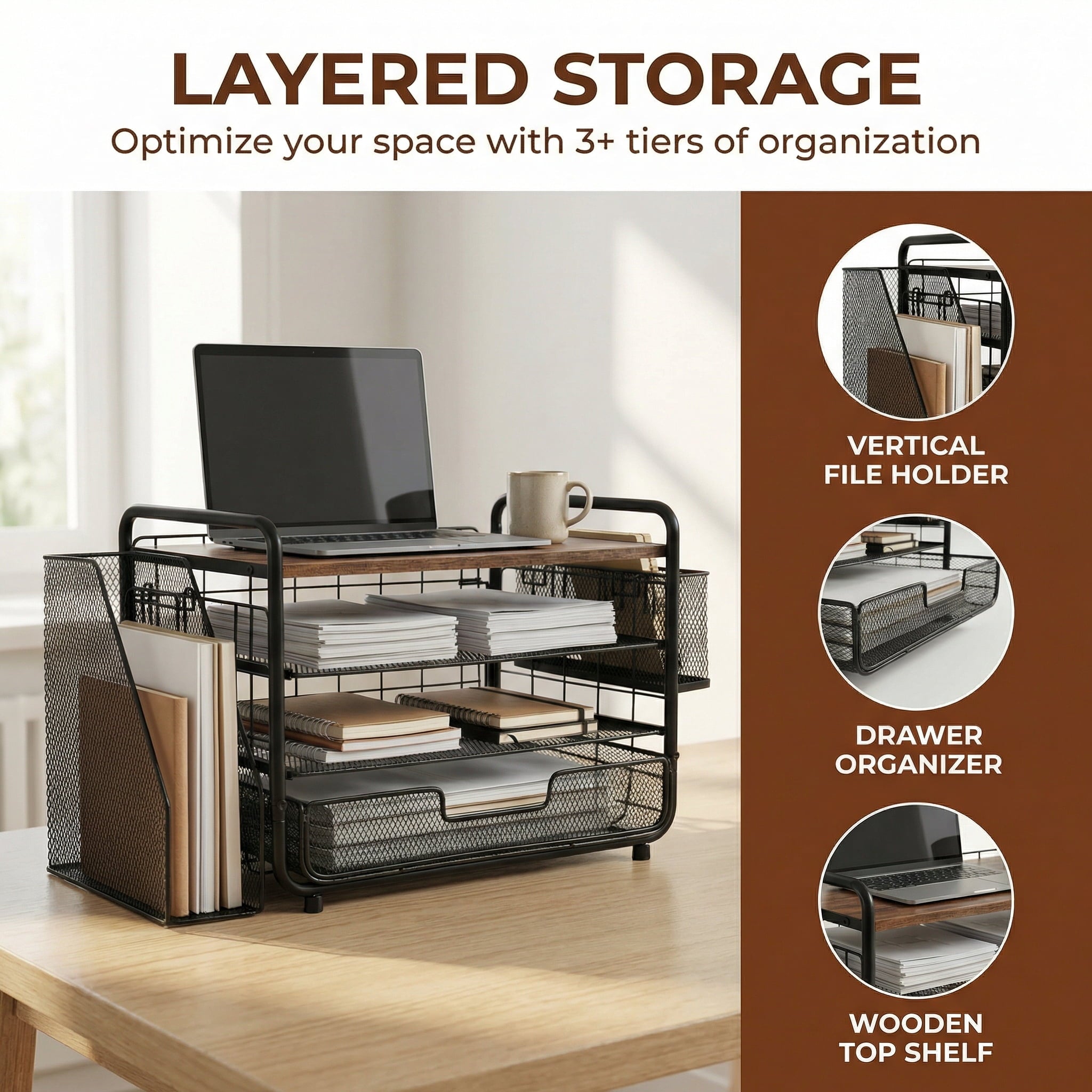 4-Tier Desk Organizer,Metal Desktop File Organizer with Drawer and Pen Holder,Office Supplies - Image 2