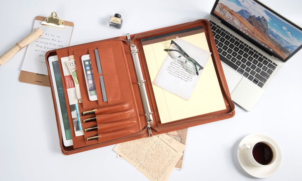 LeatherBelief Portfolio 3 Rings Binder,Zipper PU Leather Padfolio, Business Organizers with A4 Legal Pads, Gift for Him, Brown - Image 3